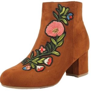 Floral embroidered tan faux suede ankle boots